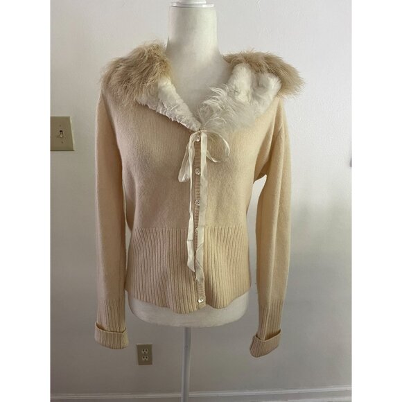 EUC VINTAGE Karen Kane Lambswool Angora Blend Fur Collar Cardigan Sweater - Picture 1 of 6